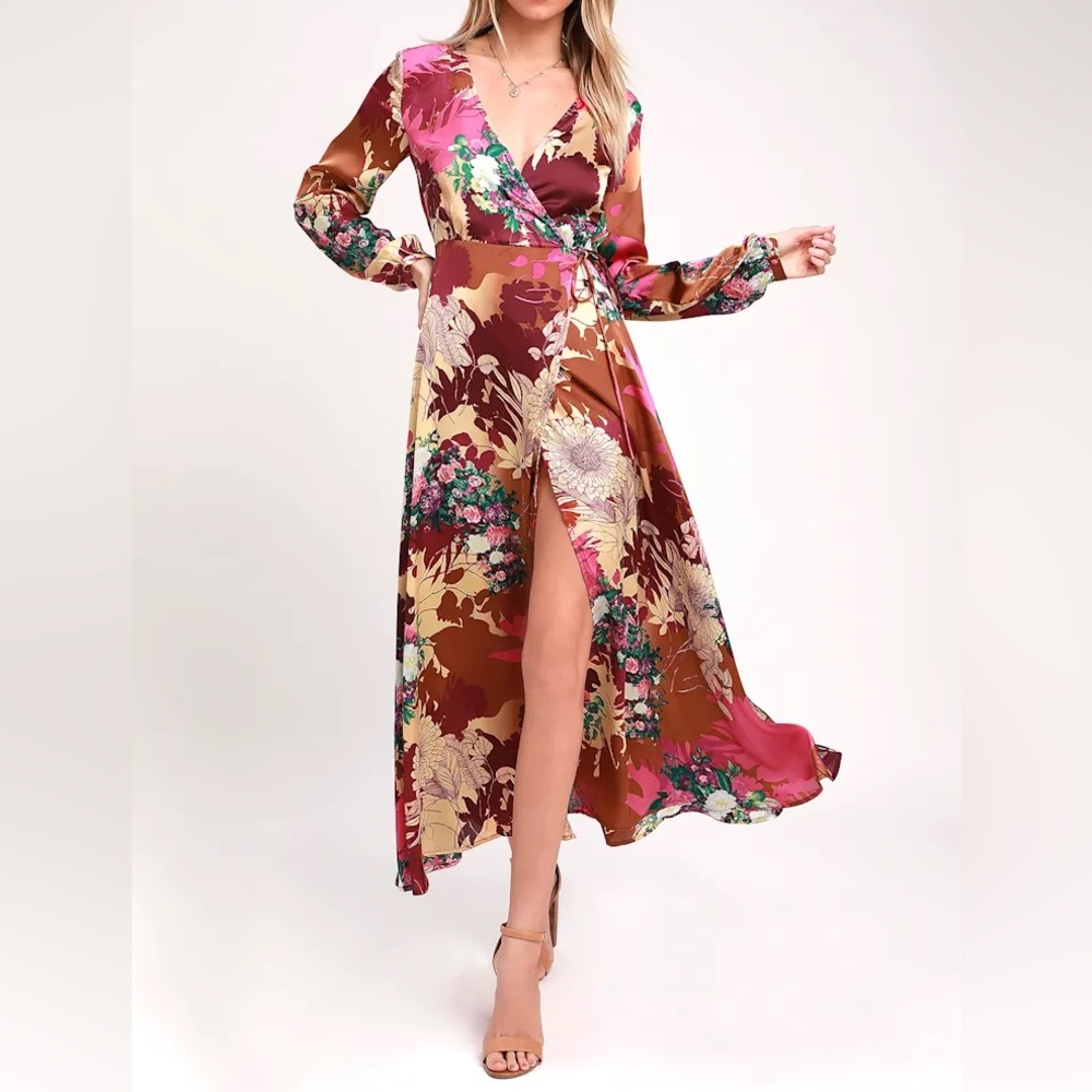 Lulu's Pink & Brown Floral Wrap Maxi Dress